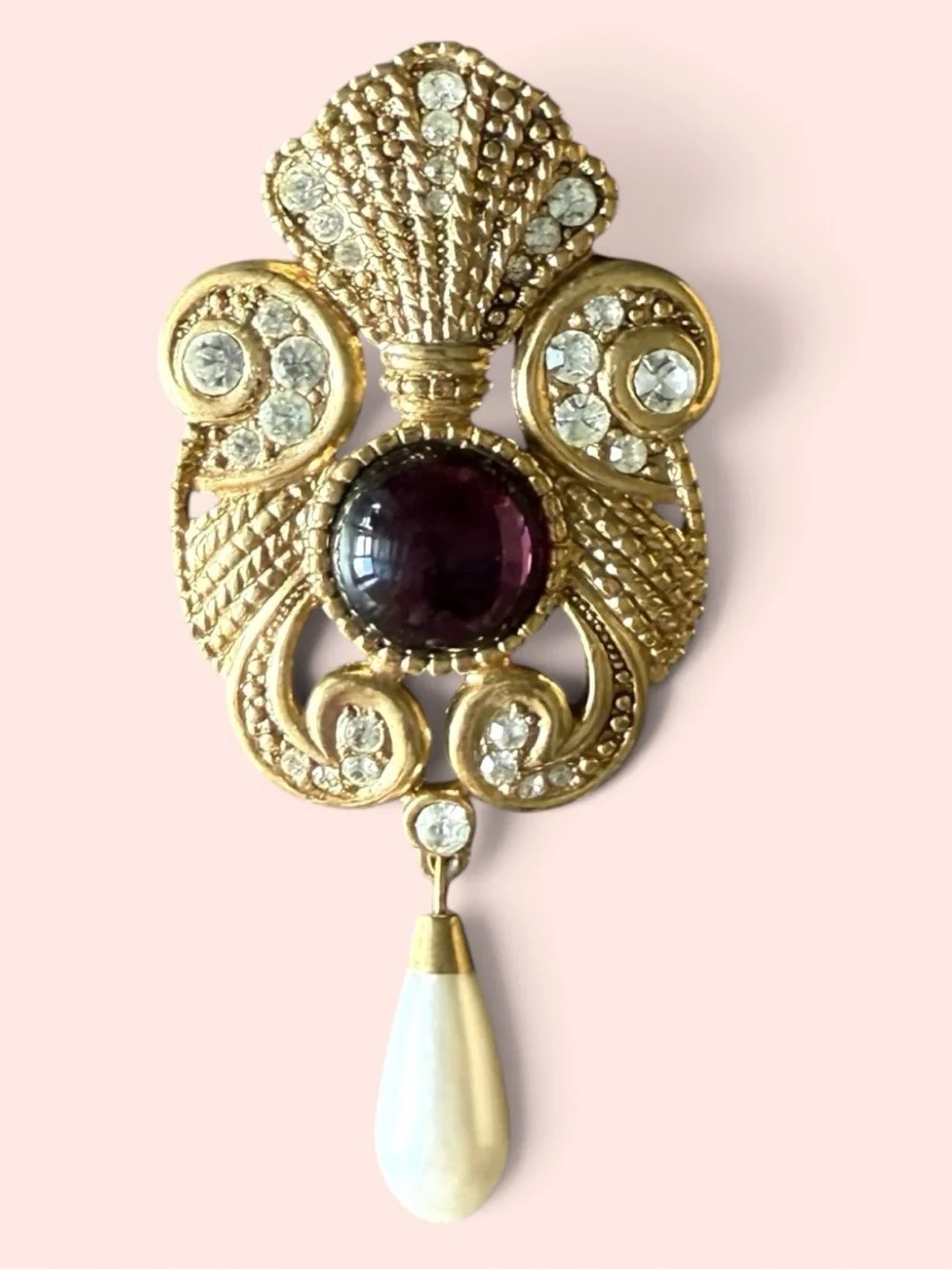 VINTAGE JEFF LIEB STATEMENT BROOCH - Purple Cabochon & Rhinestones